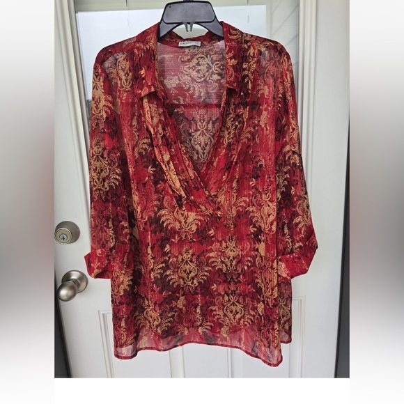 Catherines Sheer Tunic Top 2X Plus Womens 3/4 Sleeve Orange Paisely Open Front - Picture 11 of 15
